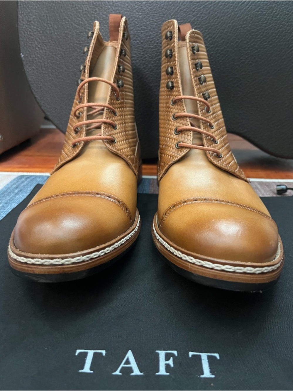 TAFT Woven Cap Toe Boots Tan Leather Size 44 Men’s Lace Up Dress Boot Spain - Picture 2 of 12
